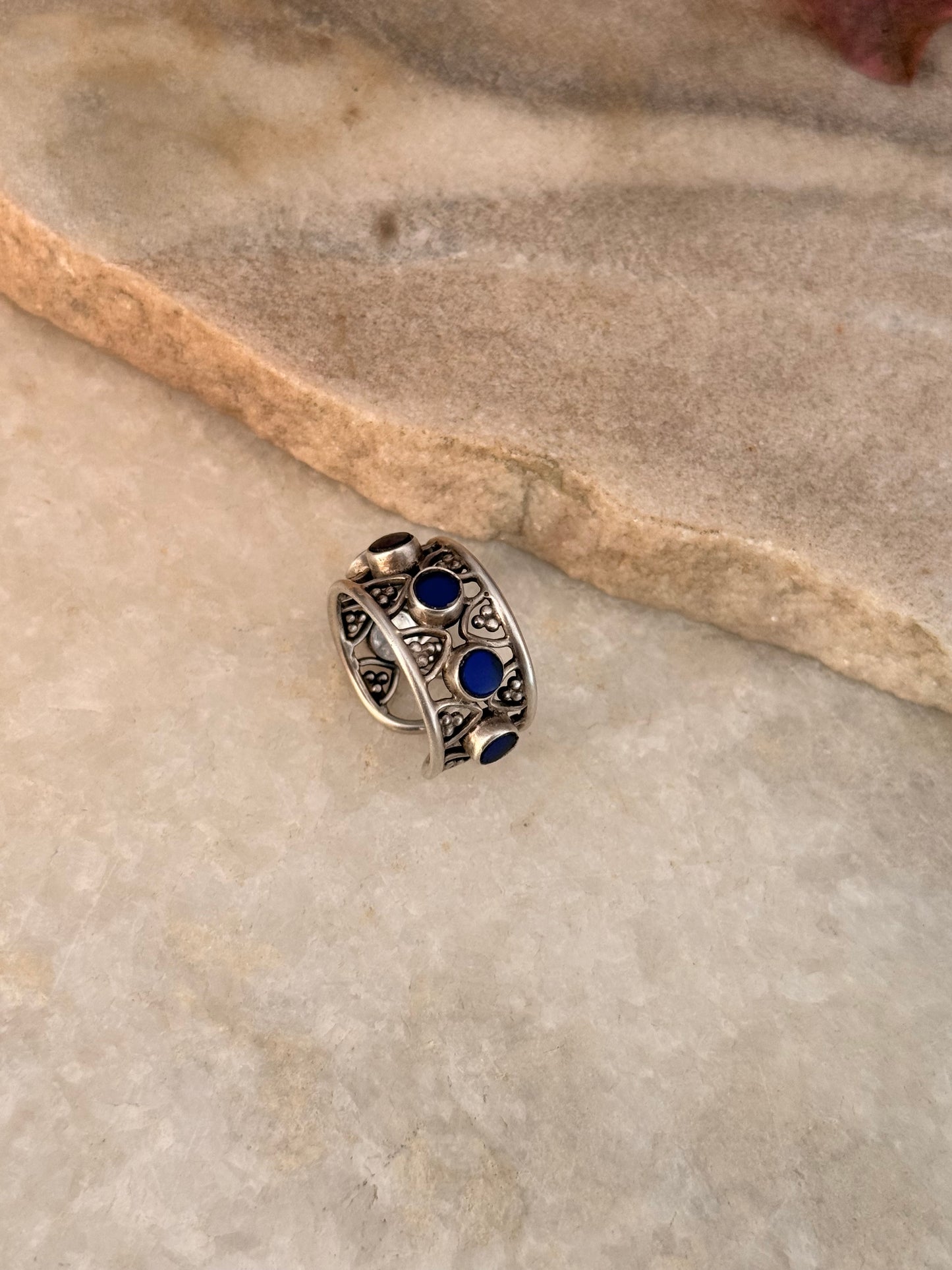 925 Sterling Silver Blue Kundan Antique Rawa Style Adjustable Handcrafted Ring