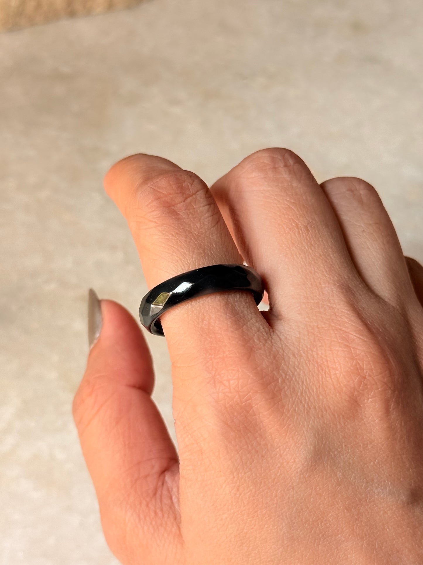 Natural Crystal Faceted Black Agate Band Ring