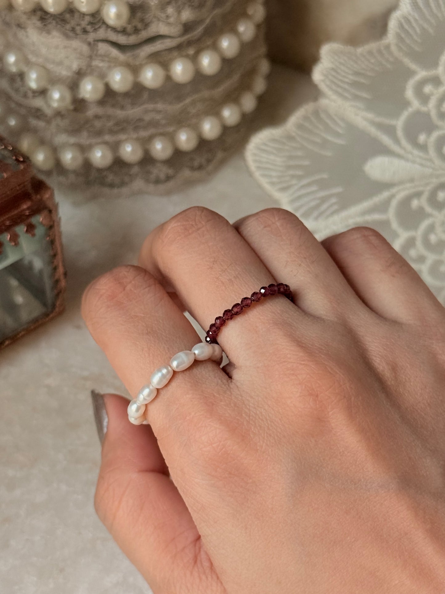 Natural Crystal Stretchy Fresh Water Pearl & Garnet Rings