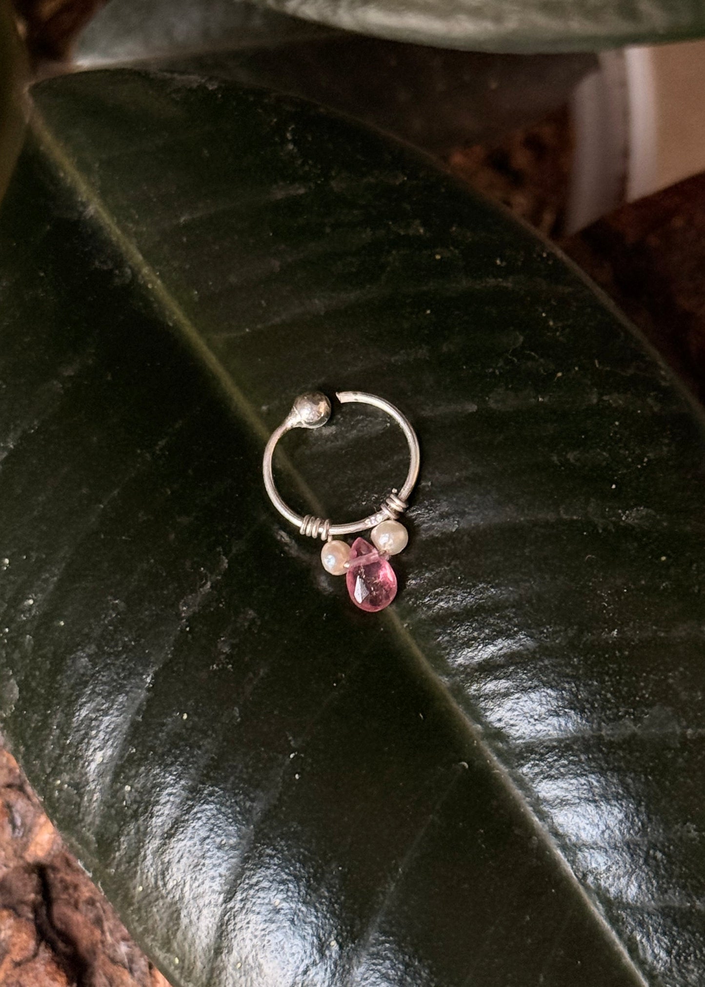 925 Sterling Silver Pink Tourmaline, Fresh Water Pearls Piercing Septum Nose Ring