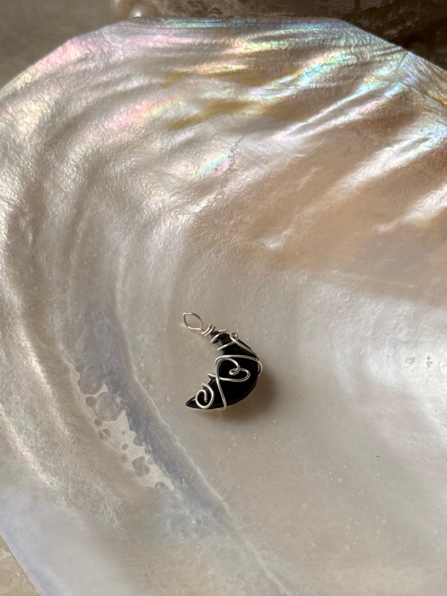 925 Sterling Silver Black Onyx Moon Wire Wrapped Handcrafted Pendant