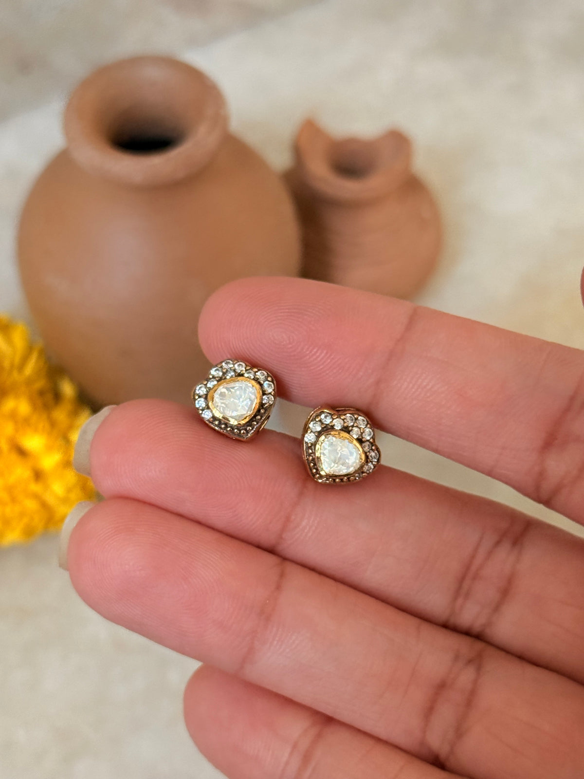 925 Sterling Silver Gold Plated Moissanite Polki Studs Earrings