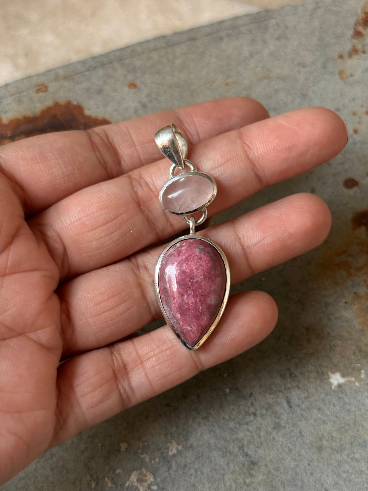 925 Sterling Silver Rose Quartz Oval, Rhodochrosite Pear Handcrafted One of a Kind Pendant