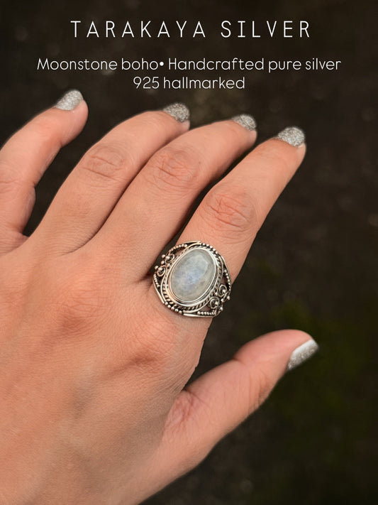 925 Sterling Silver Moonstone Big Oval Handcrafted Ring
