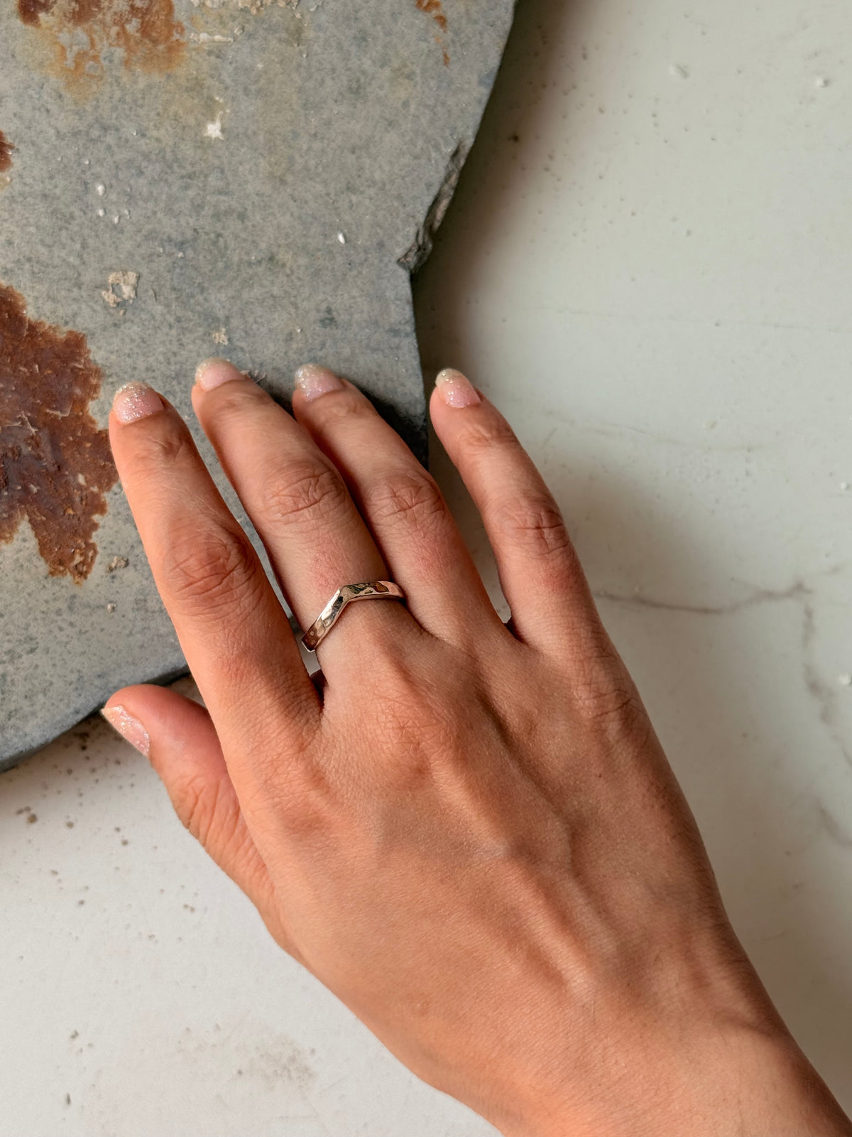 925 Sterling Silver V Hammered Adjustable Stackable Ring