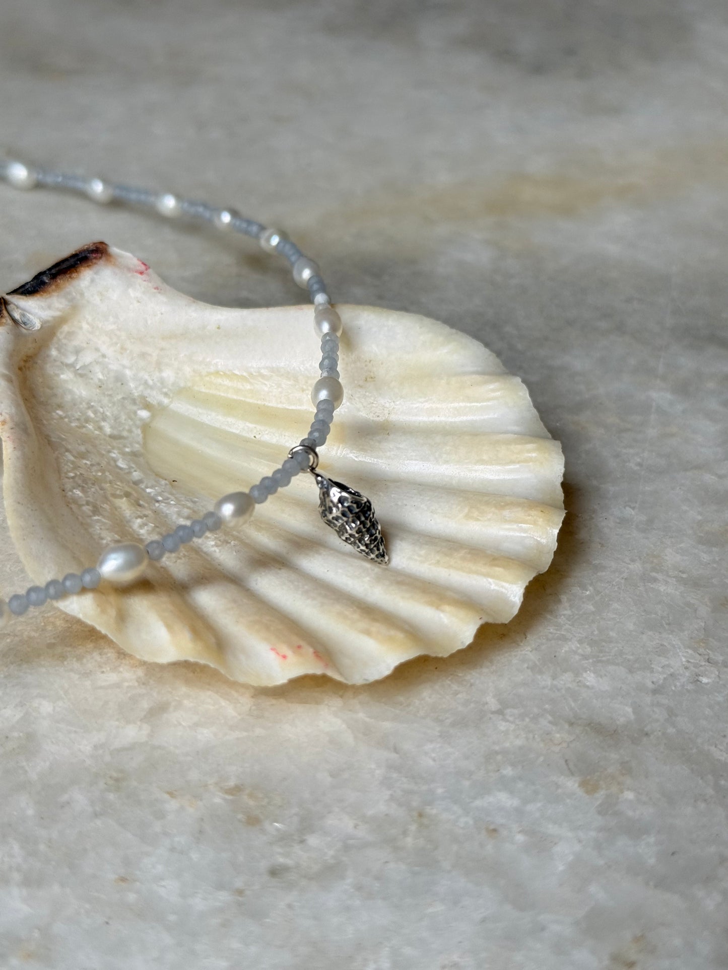 Natural Aquamarine, Fresh Water Pearls & Shell Charm 925 Sterling Silver Necklace