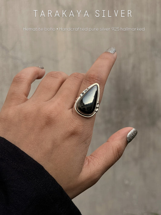 925 Sterling Silver Hematite Pear Statement Ring