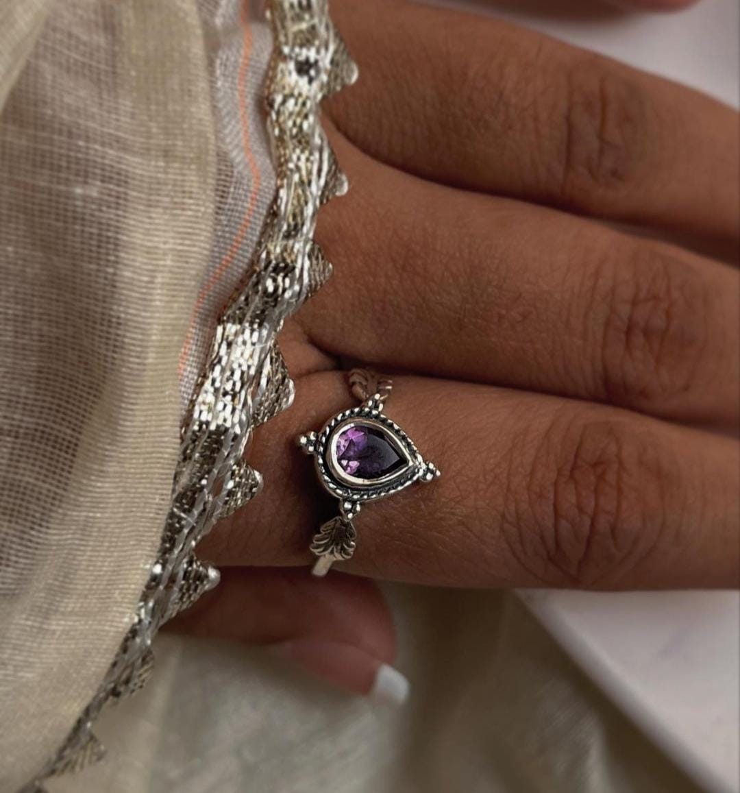 Amethyst Pear Cut Silver Ring with Unique Boho Style