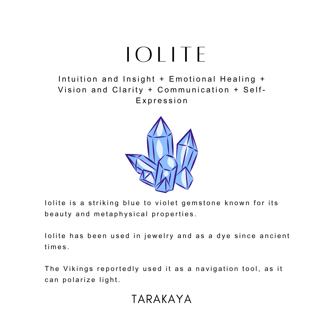 Iolite gemstone known for intuition and healing properties. Featured in 925 Sterling silver jewelry with vivid blue and violet hues.