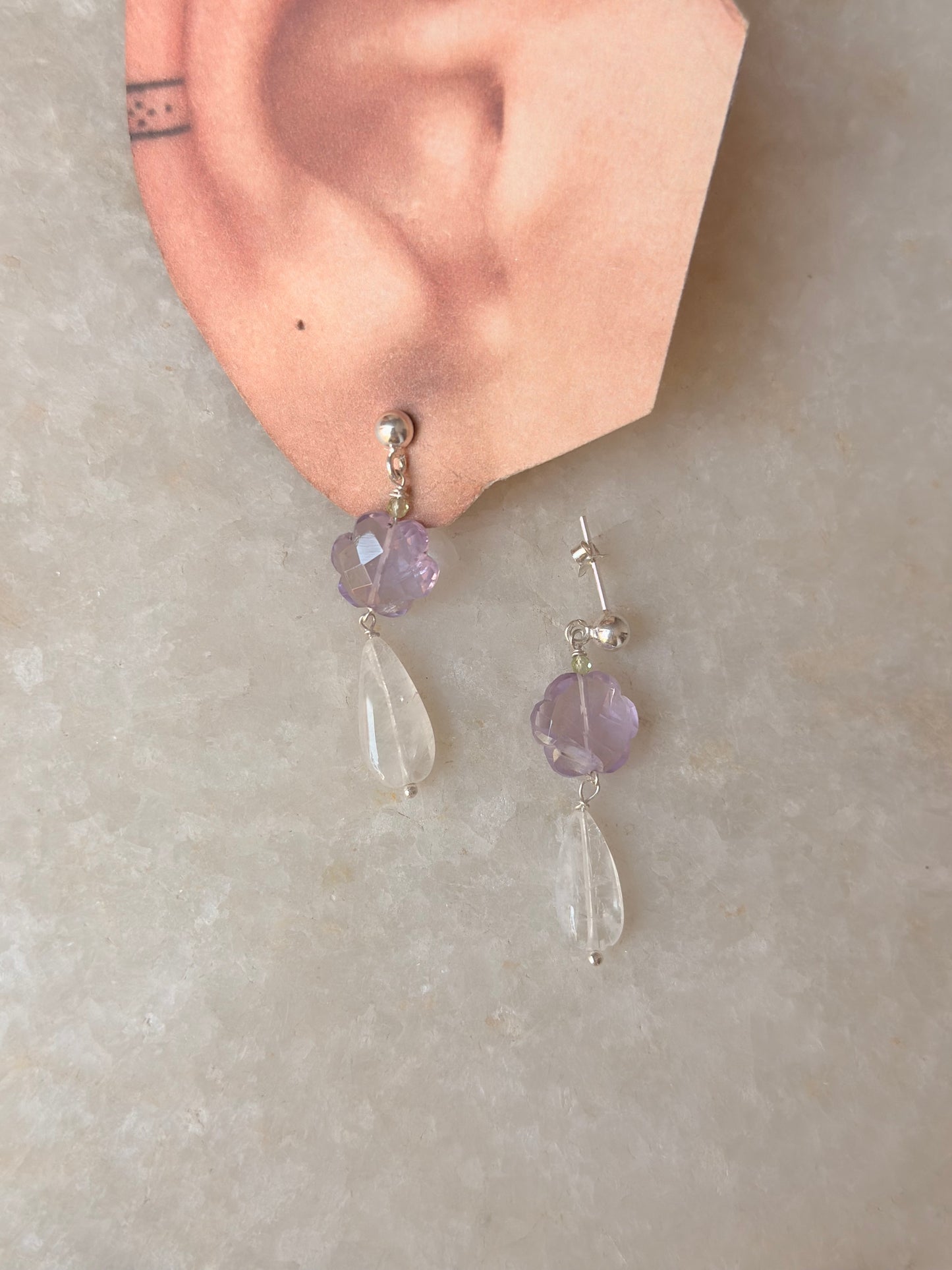 925 Sterling Silver Amethyst Flower , Peridot & Moonstone Earrings