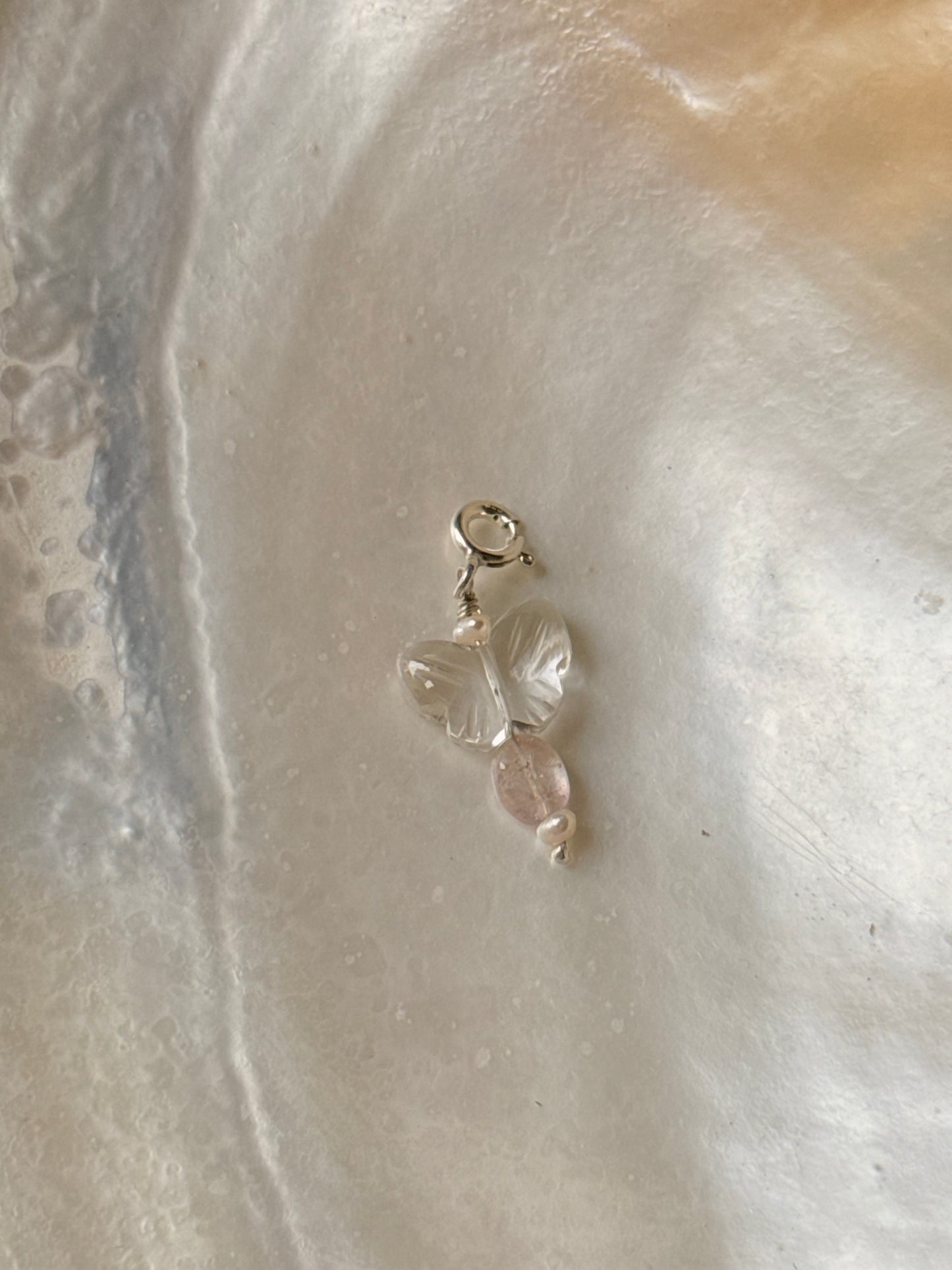 925 Sterling Silver Clear Quartz Butterfly Carved -Pink Tourmaline & Pearls Wire Wrapped Handcrafted Pendant
