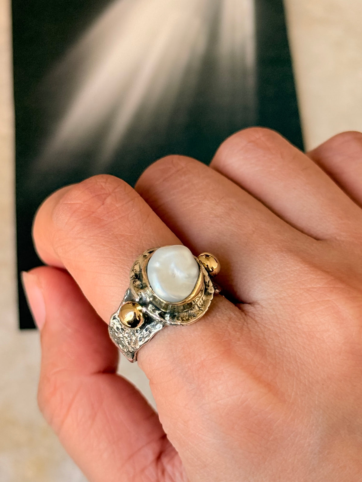 925 Sterling Silver Baroque Pearl Rustic Fusion Handcrafted Ring