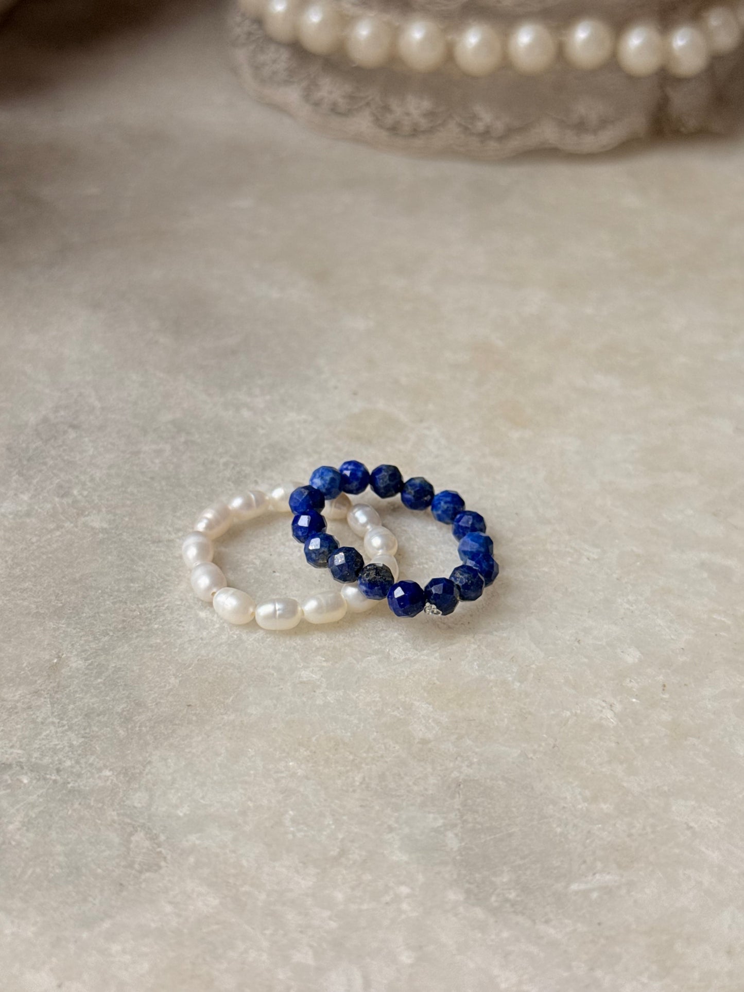 Natural Crystal Stretchy Lapis Lazuli 3-4mm & Fresh Water Pearl Rings