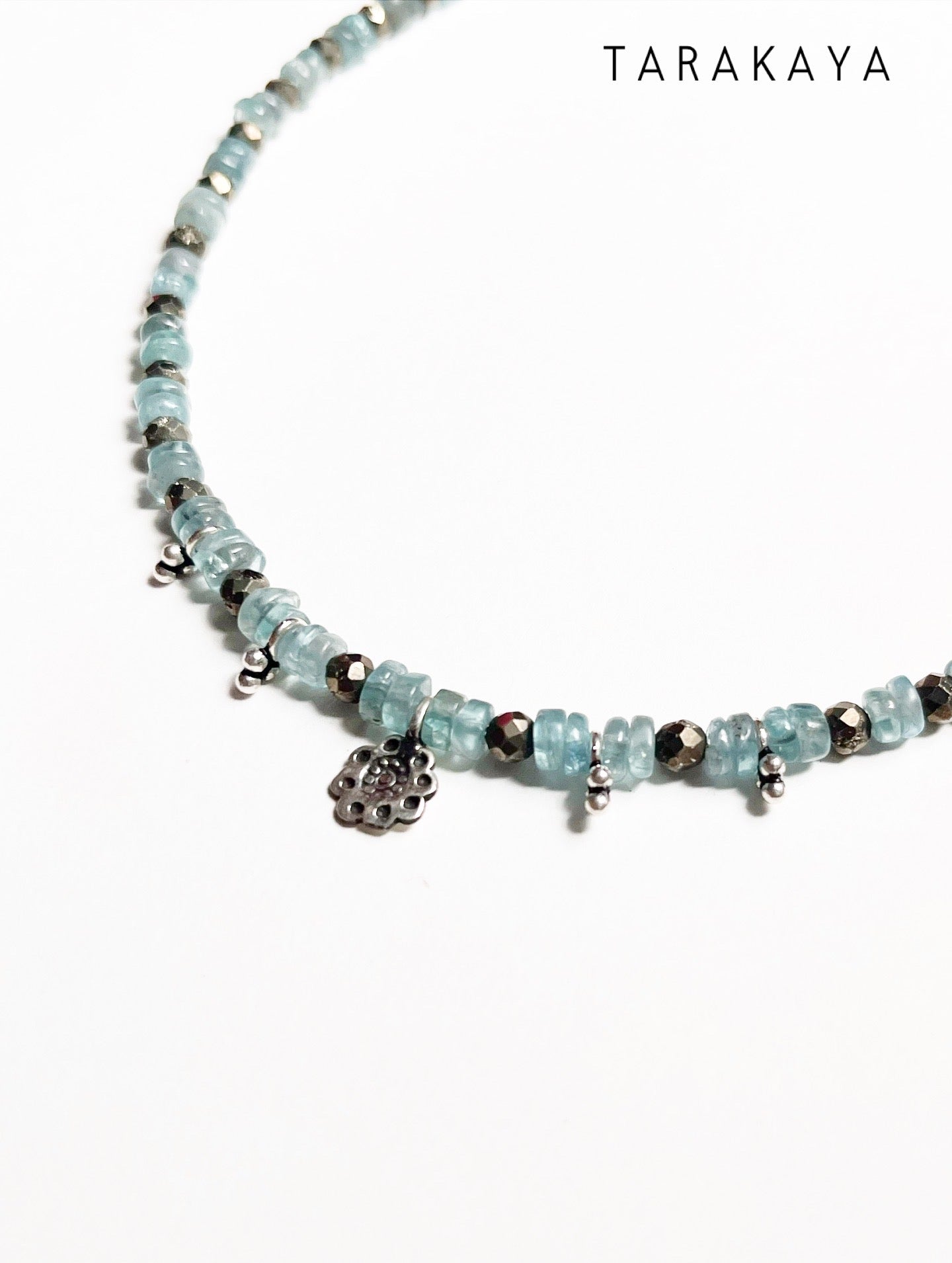 Blue Apatite & Pyrite Silver Charms Boho Choker Handcrafted Sterling Silver 925 Necklace