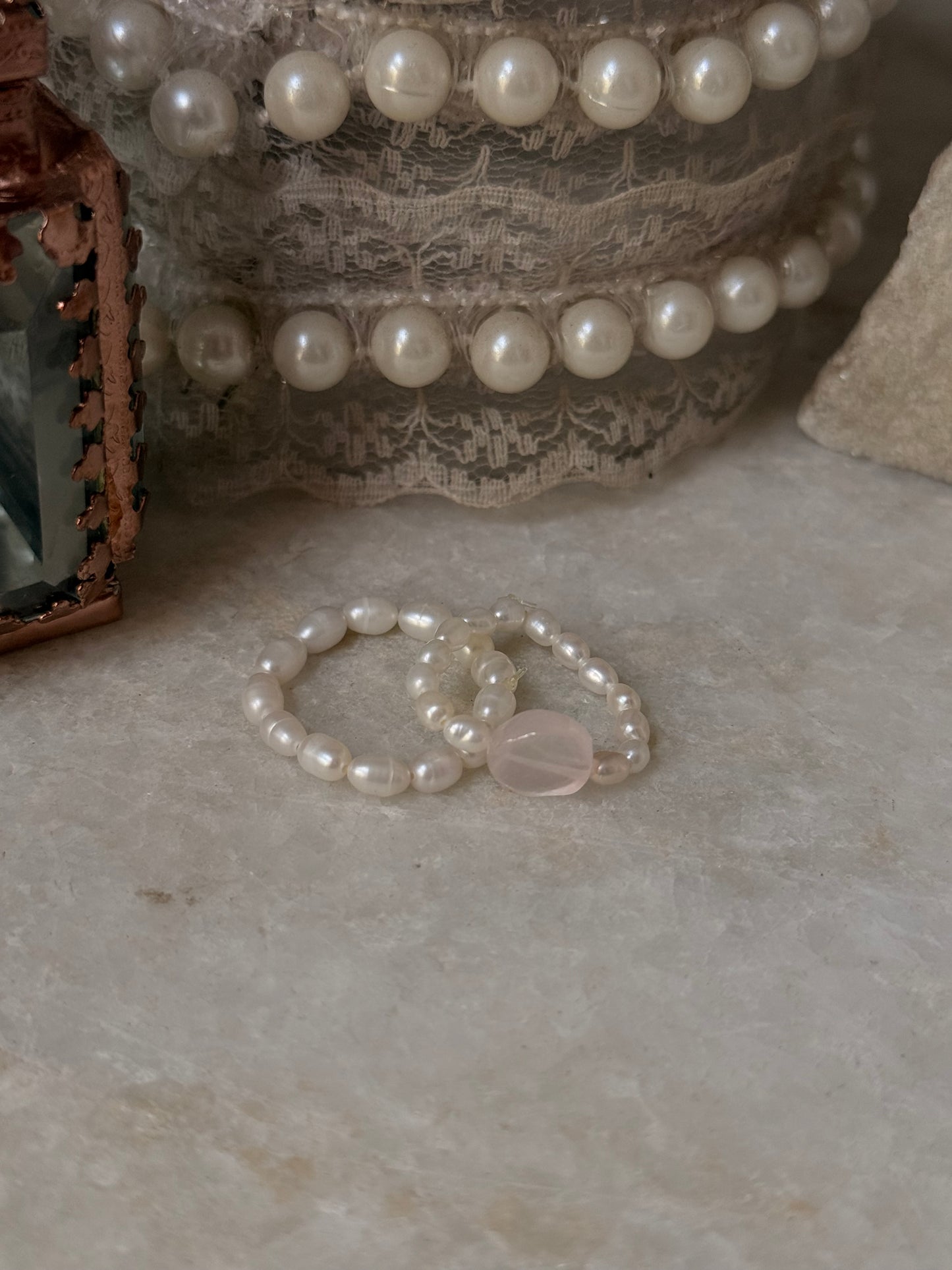 Natural Crystal Stretchy Fresh Water Pearls & Rose Quartz Round Rings