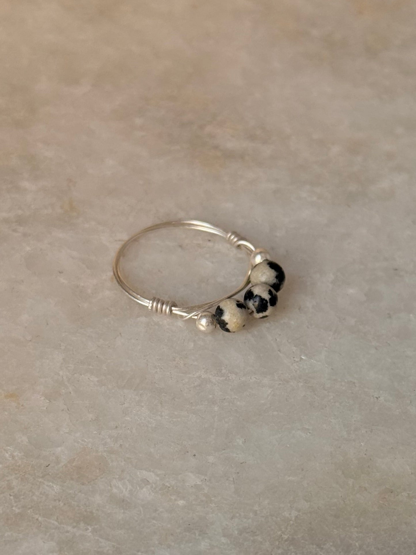 925 Sterling Silver Dalmatian Jasper Crystal - Silver balls Wire Wrapped Handcrafted Ring