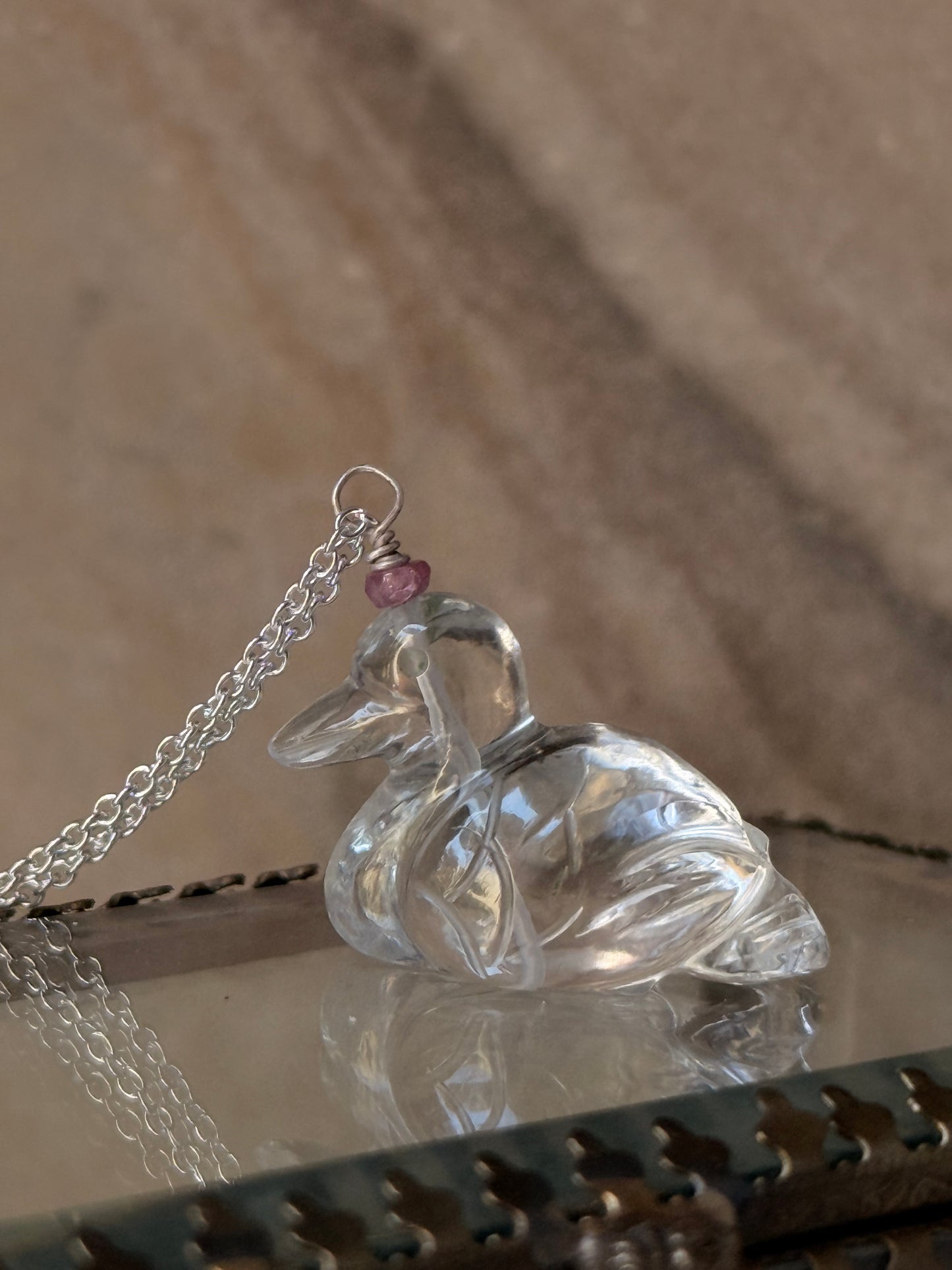 925 Sterling Silver Clear Quartz Duck Carved Pink Tourmaline Crystal Handcrafted Necklace
