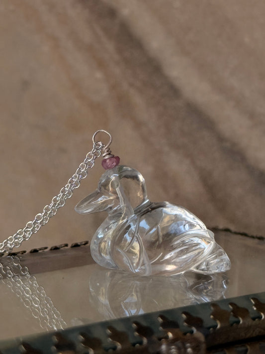 925 Sterling Silver Clear Quartz Duck Carved Pink Tourmaline Crystal Handcrafted Necklace