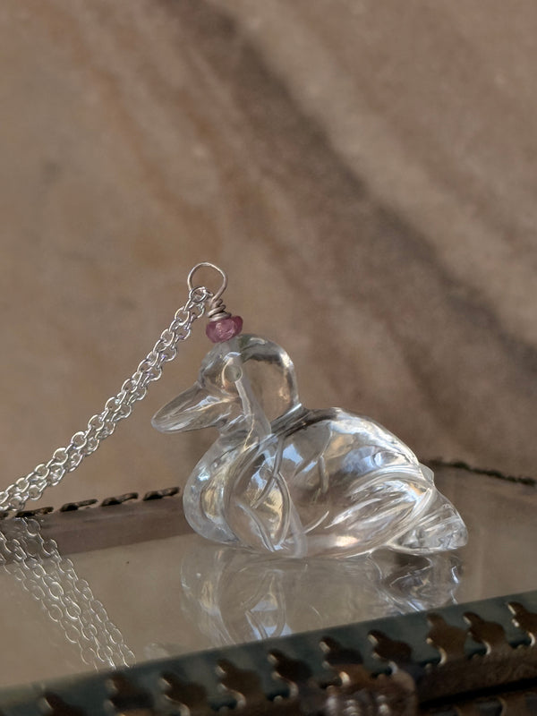 925 Sterling Silver Clear Quartz Duck Carved Pink Tourmaline Crystal Handcrafted Necklace