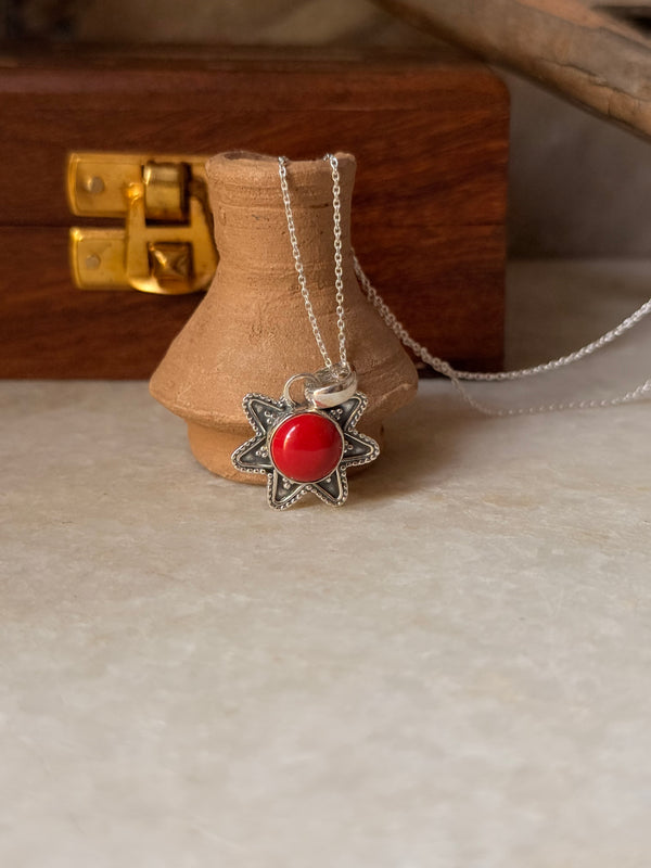 925 Sterling Silver Red Coral Boho Handcrafted Antique Pendant