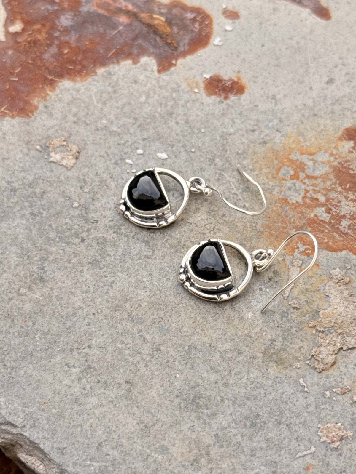 925 Sterling Silver Black Onyx Half Round Rustic Contemporary Style Hook Earrings