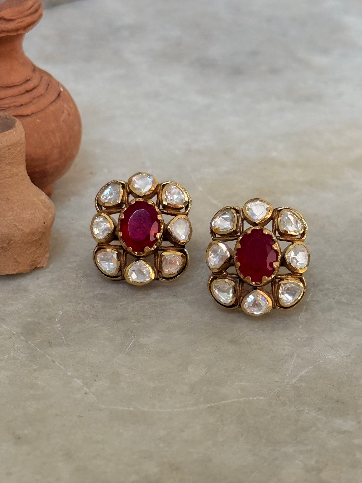 925 Sterling Silver Gold Plated Moissanite Polki Dyed Ruby Studs Earrings