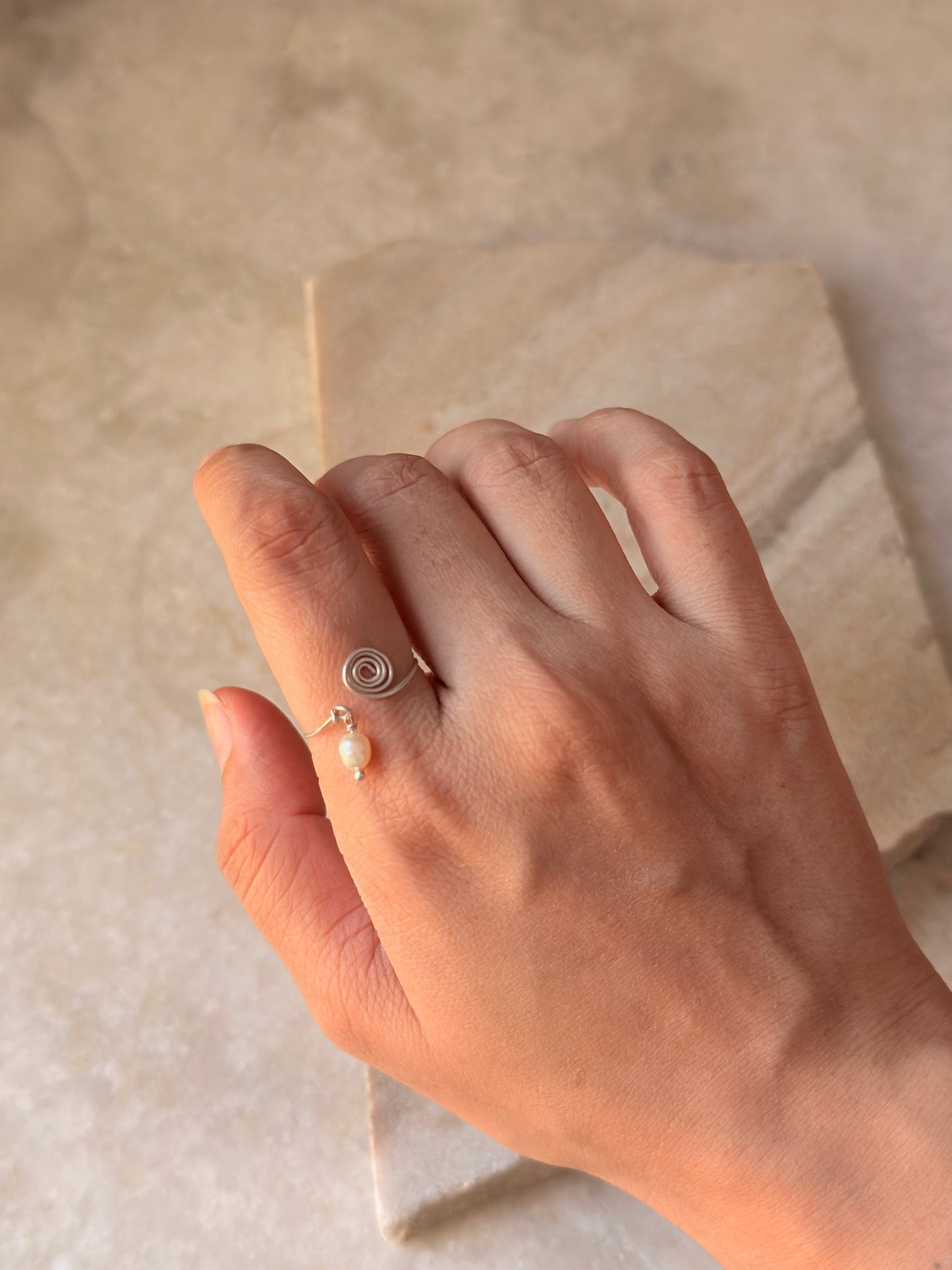 925 Sterling Silver Fresh Water Pearl Spiral Wire Wrapped Adjustable Handcrafted Dainty Ring