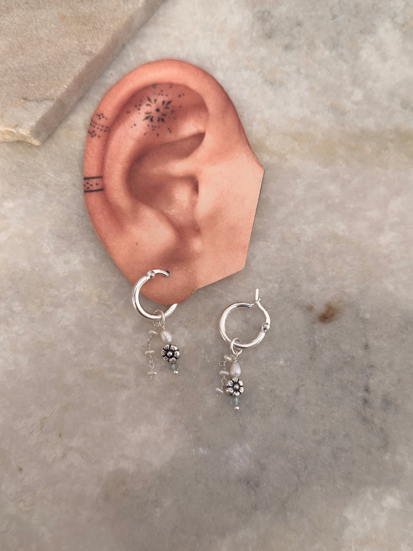 925 Sterling Silver Fresh Water Pearl, Aquamarine & Floral Hoops