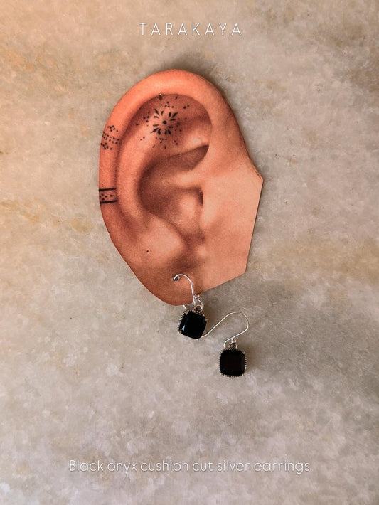 Black Onyx Vintage Cushion Cut 925 Sterling Silver Earrings