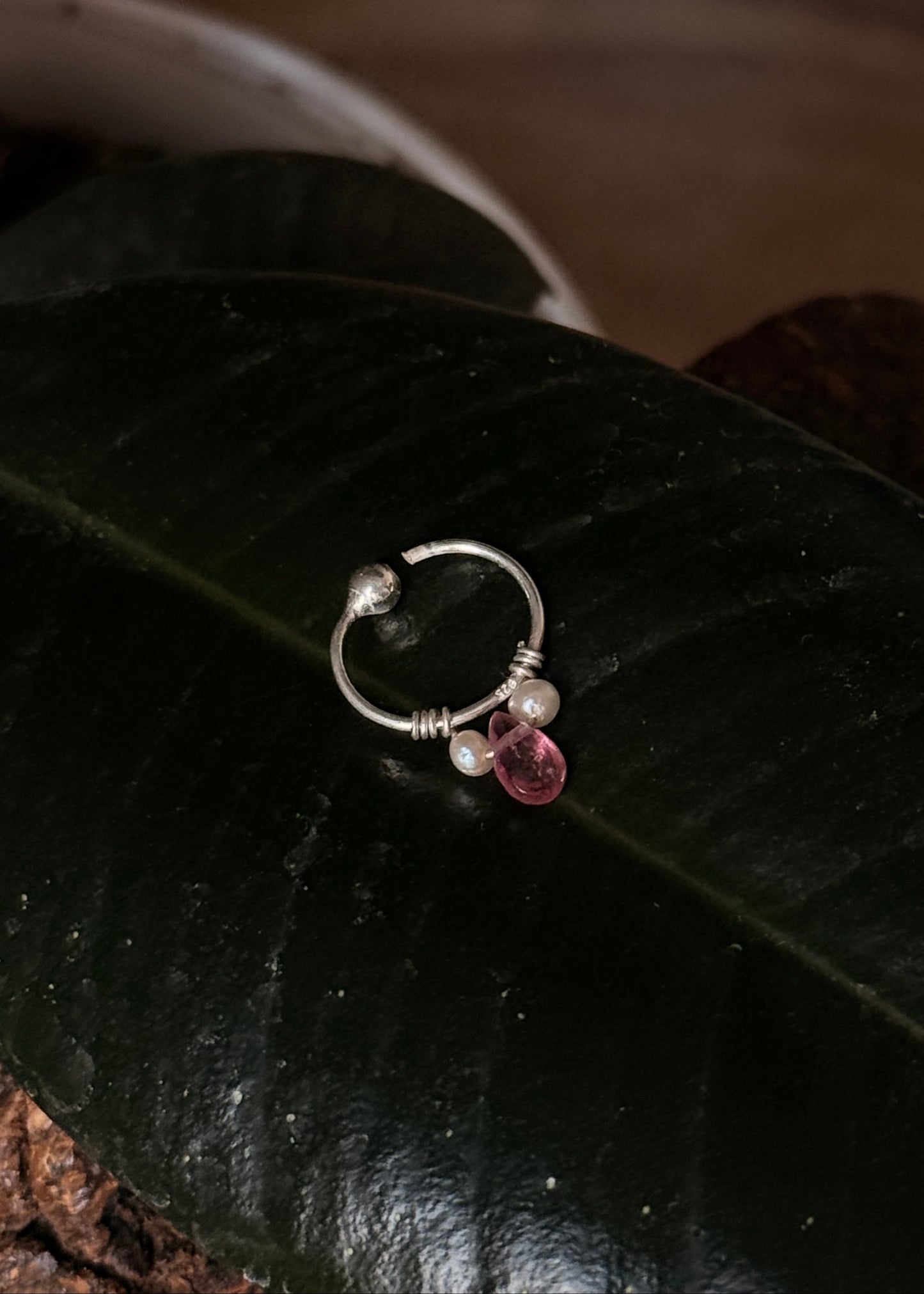 925 Sterling Silver Pink Tourmaline, Fresh Water Pearls Piercing Septum Nose Ring