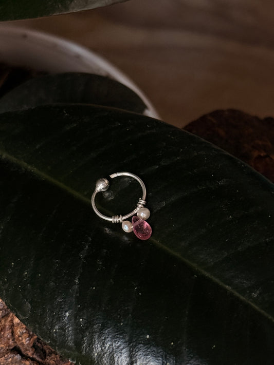 925 Sterling Silver Pink Tourmaline, Fresh Water Pearls Piercing Septum Nose Ring