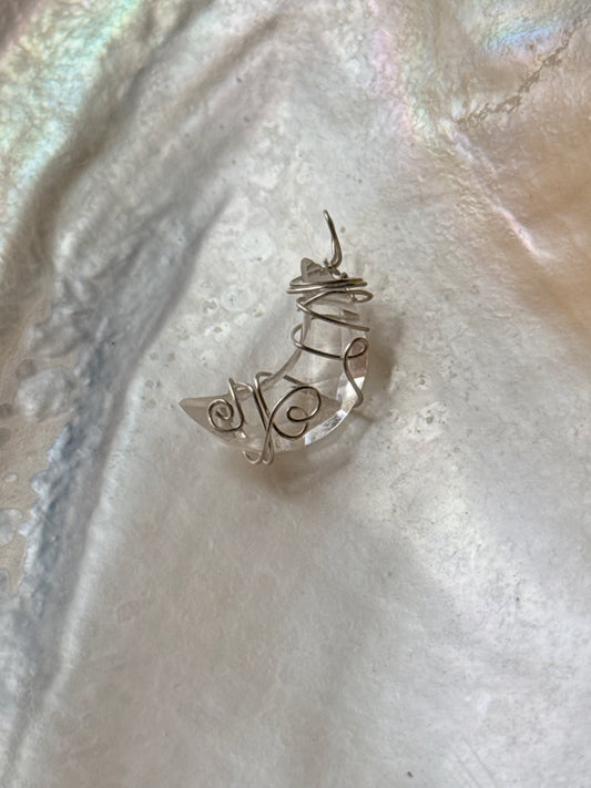 925 Sterling Silver Clear Quartz Moon Wire Wrapped Handcrafted Pendant