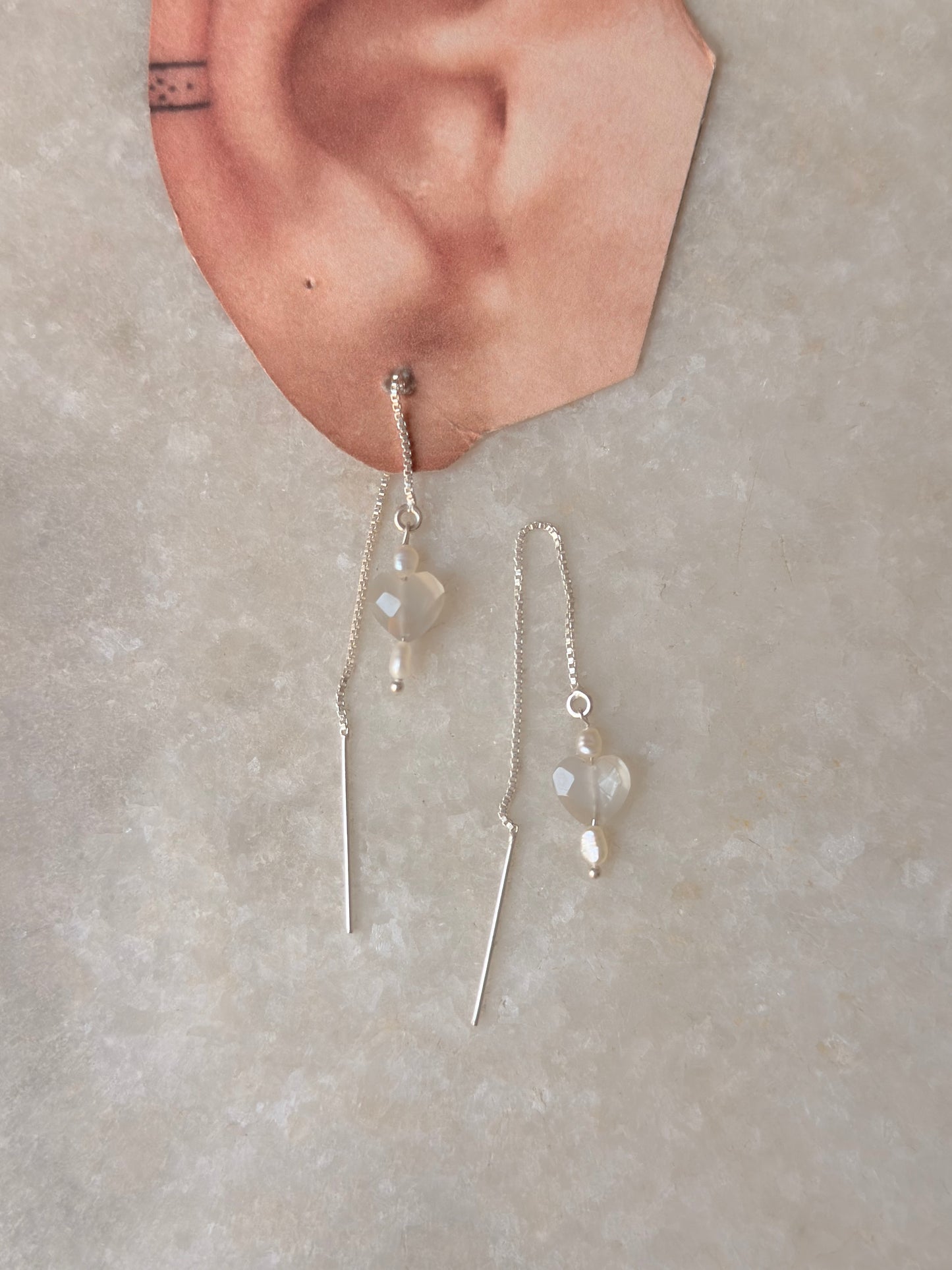 925 Sterling Silver Grey Moonstone Heart with Pearl Threader Earrings