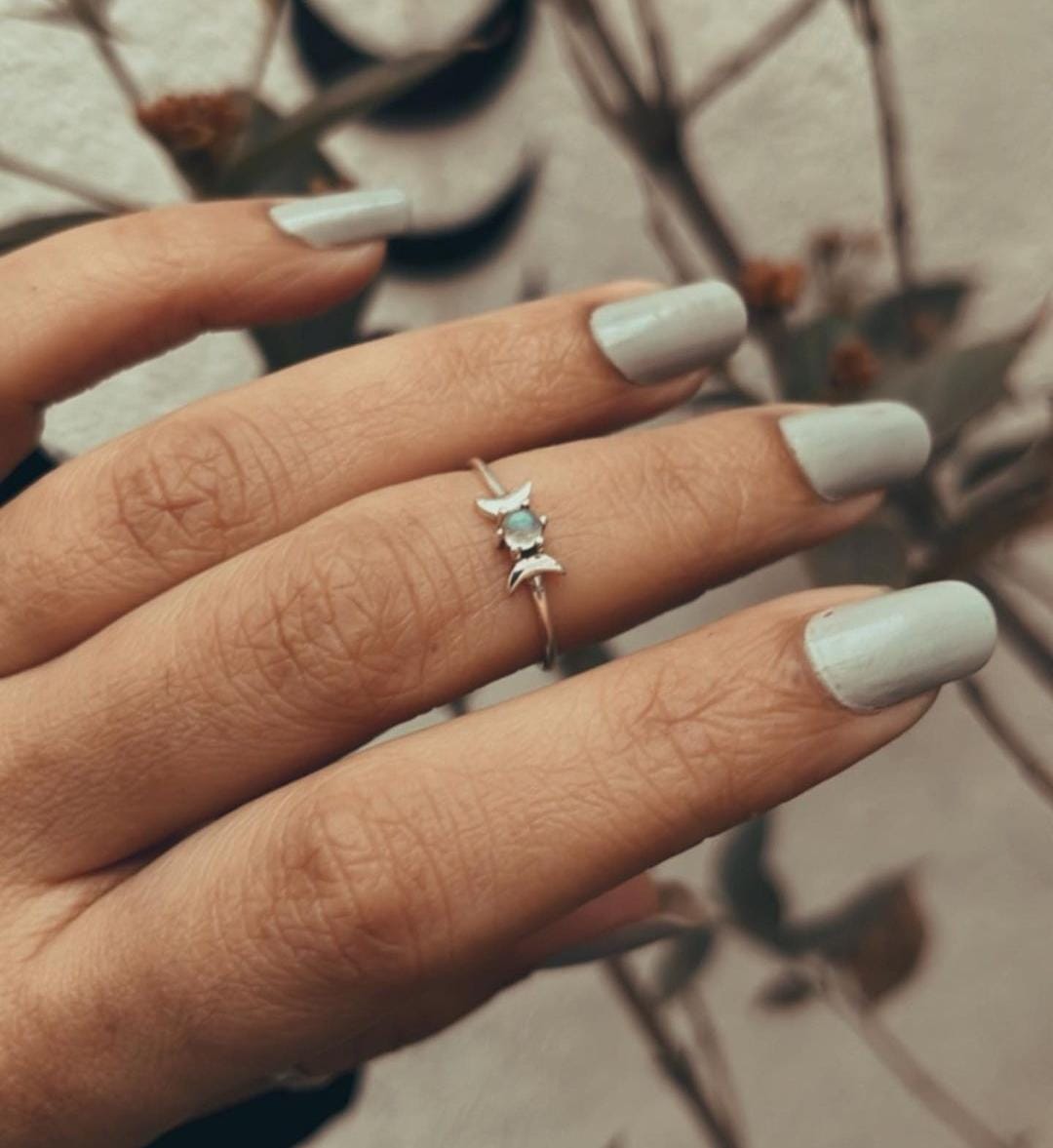 Moonstone Ring with Moon Phases Detail in Sterling Silver