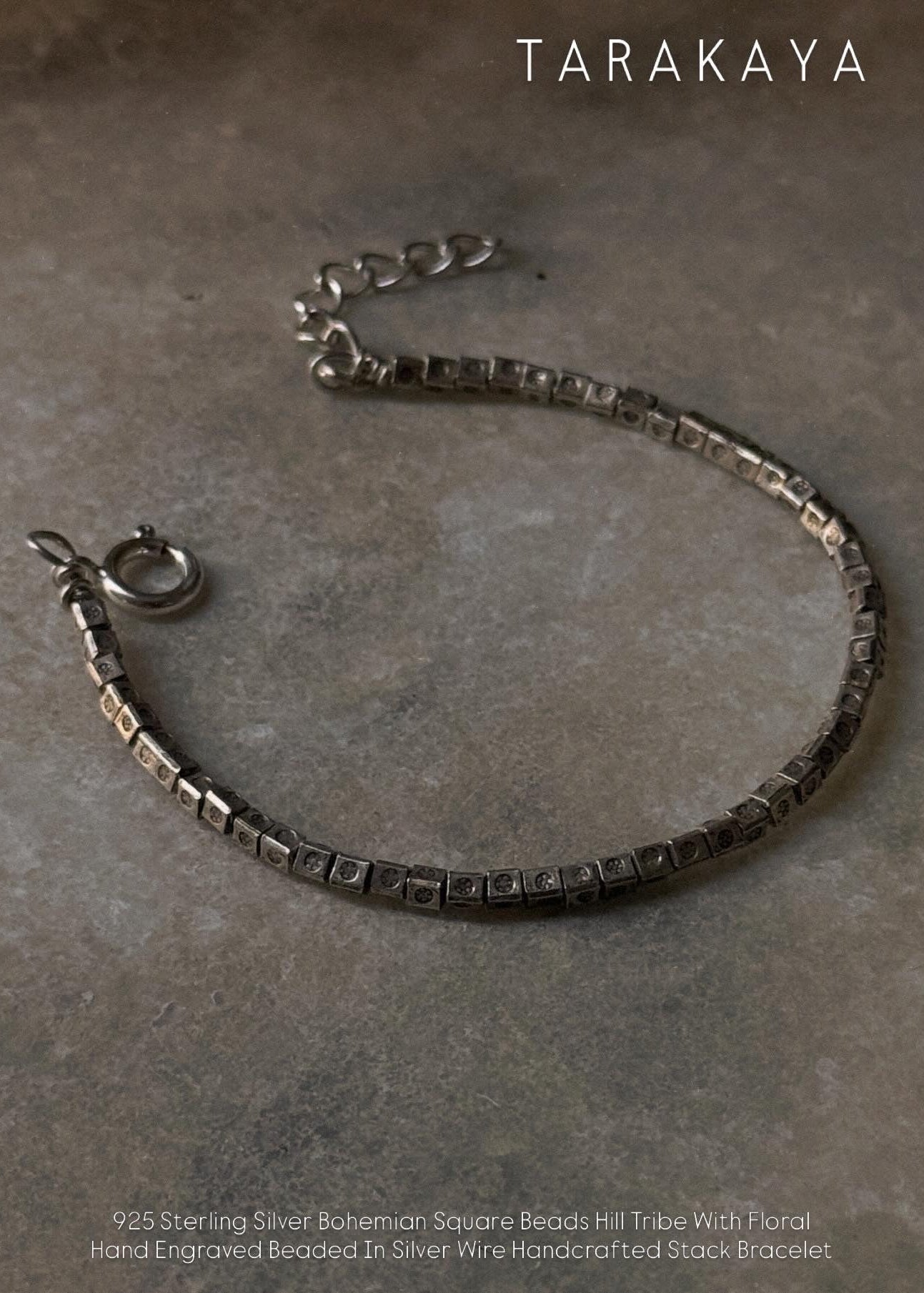 925 Sterling Silver Bohemian Square Beads Hill Tribe With Floral Hand Engraved Beaded In Silver Wire Handcrafted Stack Bracelet