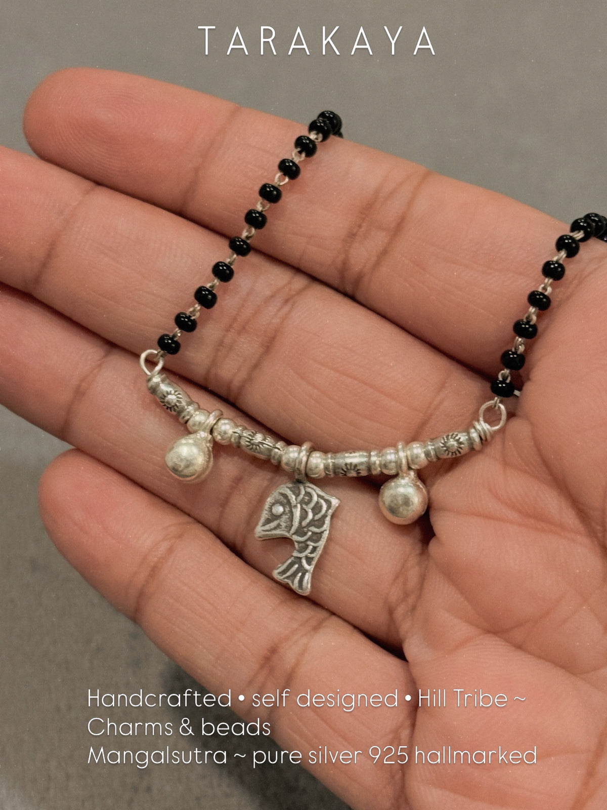 925 Sterling Silver Fish Sun Engraved Cylinder Beads  Handcrafted Hill Tribe-One of a Kind Boho Style Mangalsutra
