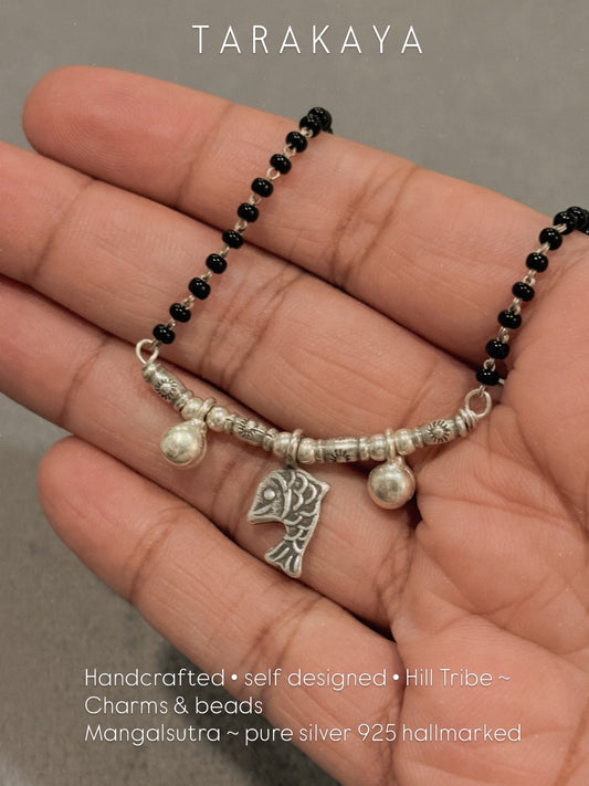 925 Sterling Silver Fish Sun Engraved Cylinder Beads  Handcrafted Hill Tribe-One of a Kind Boho Style Mangalsutra