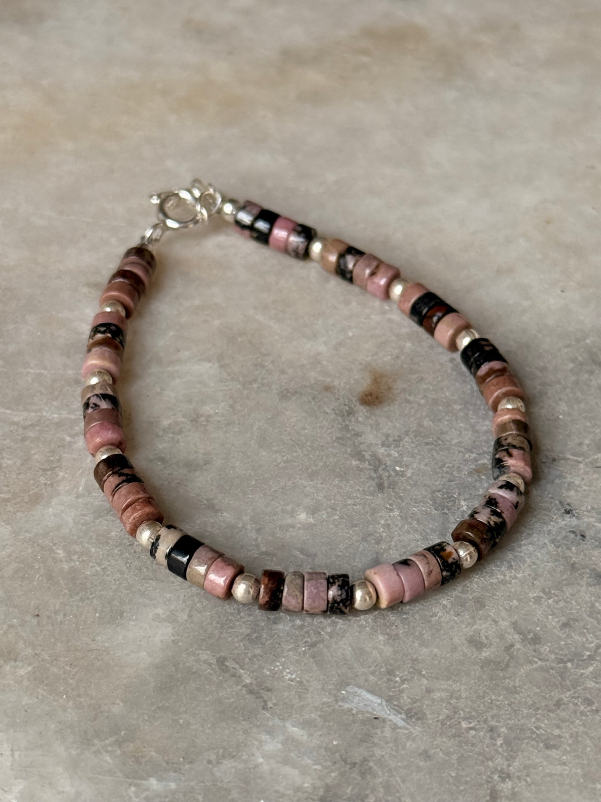 925 Sterling Silver Rhodonite Flat Tube Crystal Silver Balls Bracelet
