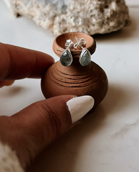 Aquamarine Small Pear Cab studs 925 Sterling Silver Earrings