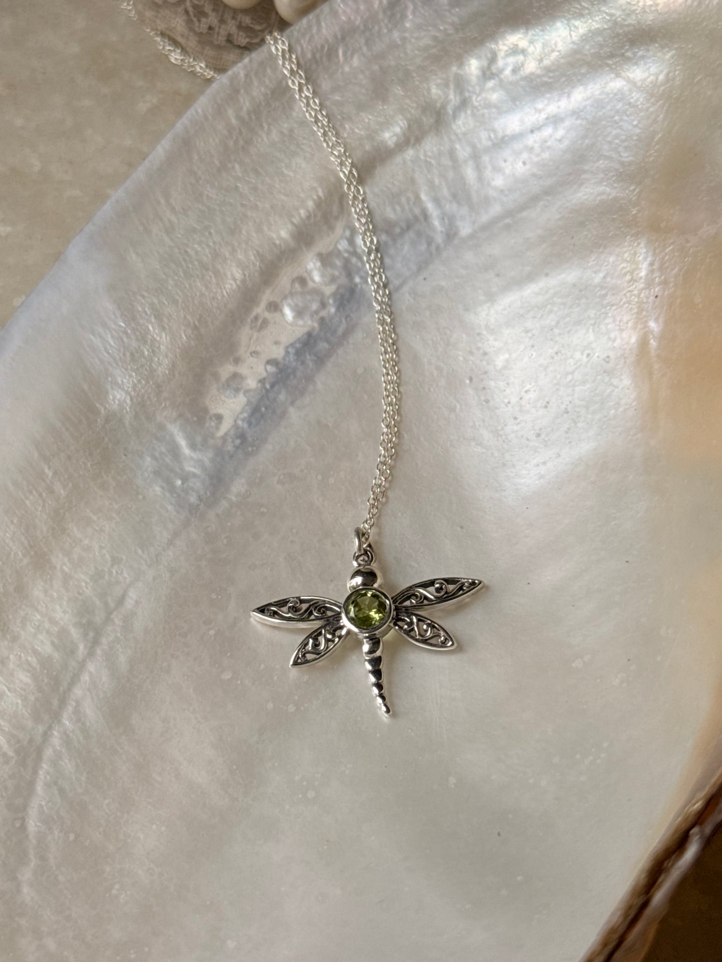 925 Sterling Silver Peridot Dragonfly Dainty Cable Chain Necklace