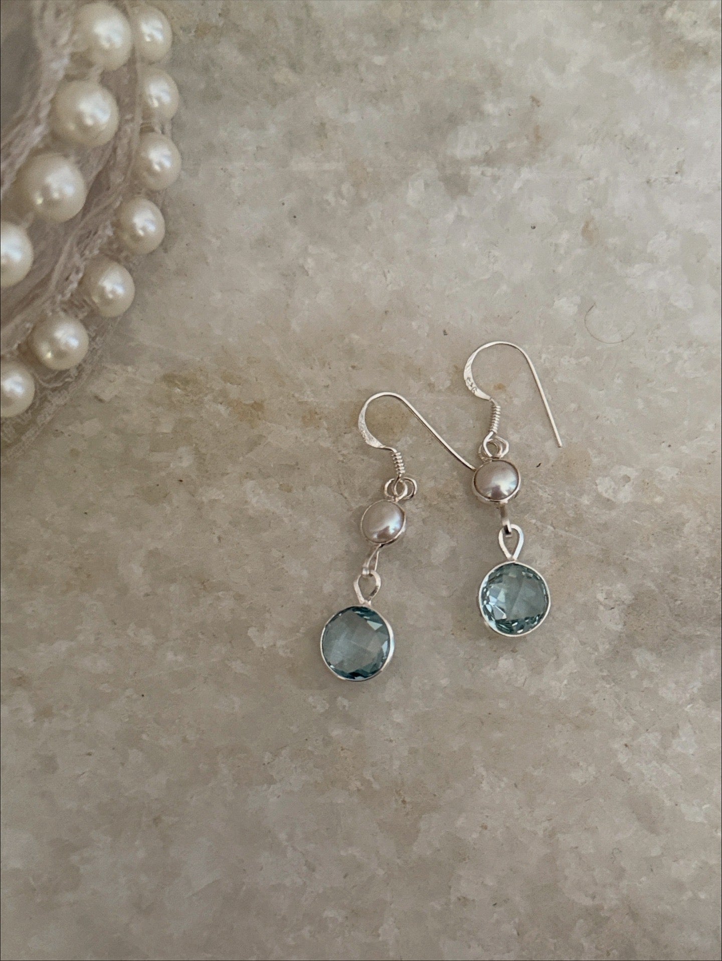 Checkerboard blue topaz gemstone with pearl silver earrings