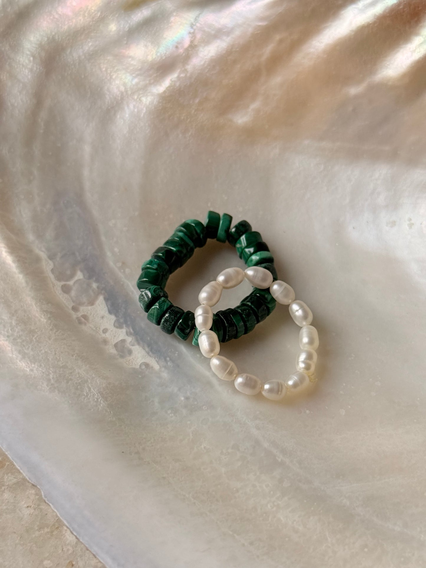 Natural Crystal Stretchy Malachite Flat 3-4mm & Fresh Water Pearl Rings