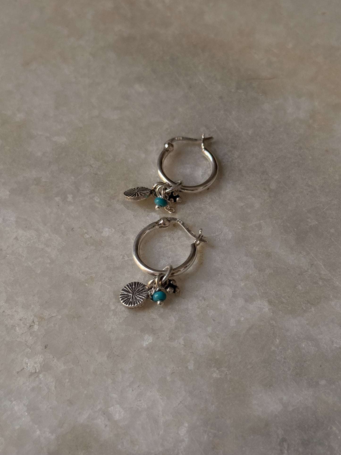 925 Sterling Silver Hill Tribe Handcrafted Coin Charm ,Rawa Tribal Charm & Blue Beads With Chain ~Removal Italian Hoops