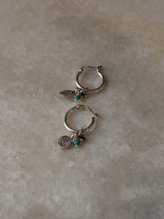 925 Sterling Silver Hill Tribe Handcrafted Coin Charm ,Rawa Tribal Charm & Blue Beads With Chain ~Removal Italian Hoops