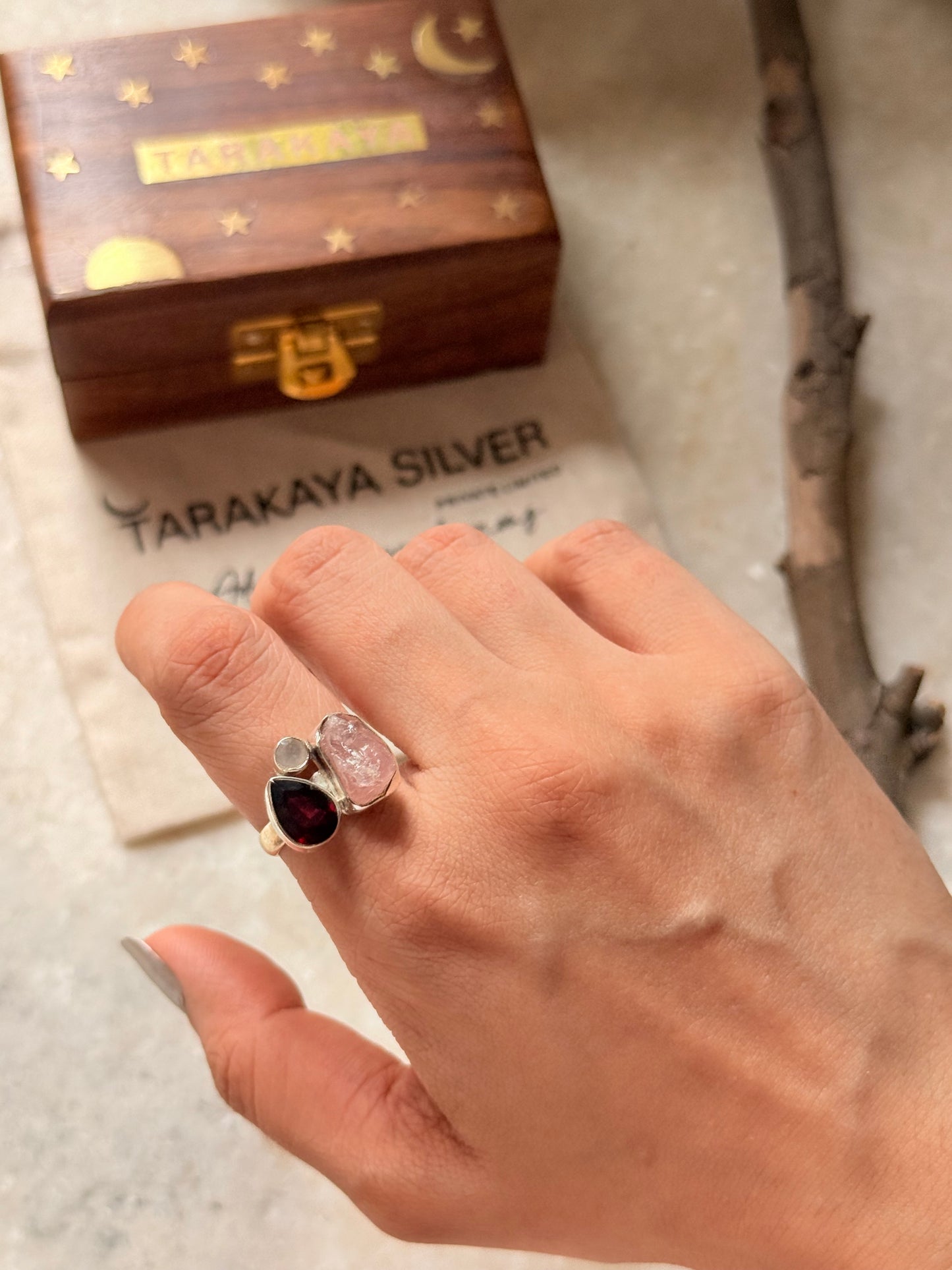925 Sterling Silver Garnet, Moonstone and Rose Quartz Cluster One of a Kind Ring