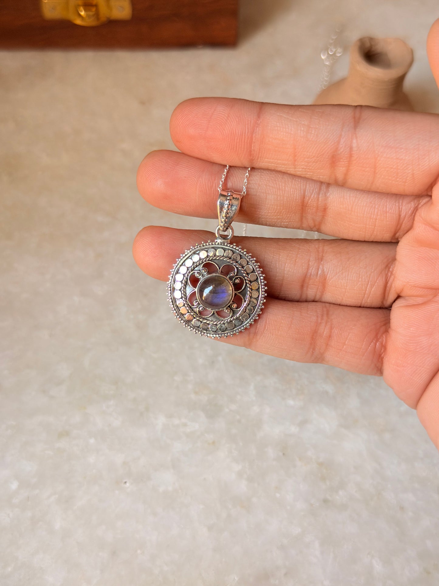 925 Sterling Silver Labradorite Mandala Boho Handcrafted Pendant