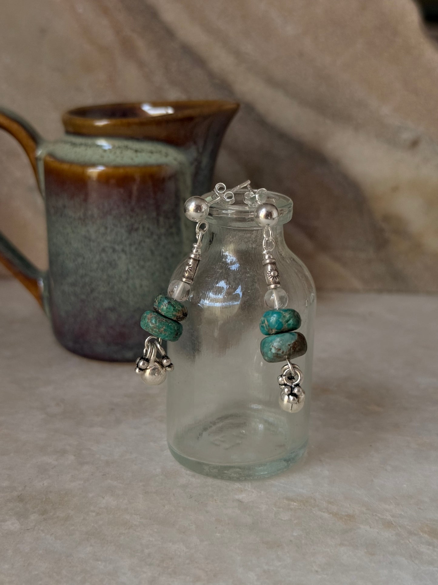 925 Sterling Silver Kingsman Turquoise, Clear Quartz , Sun Engraved Beads & Ghungroo Tribal Handcrafted Studs