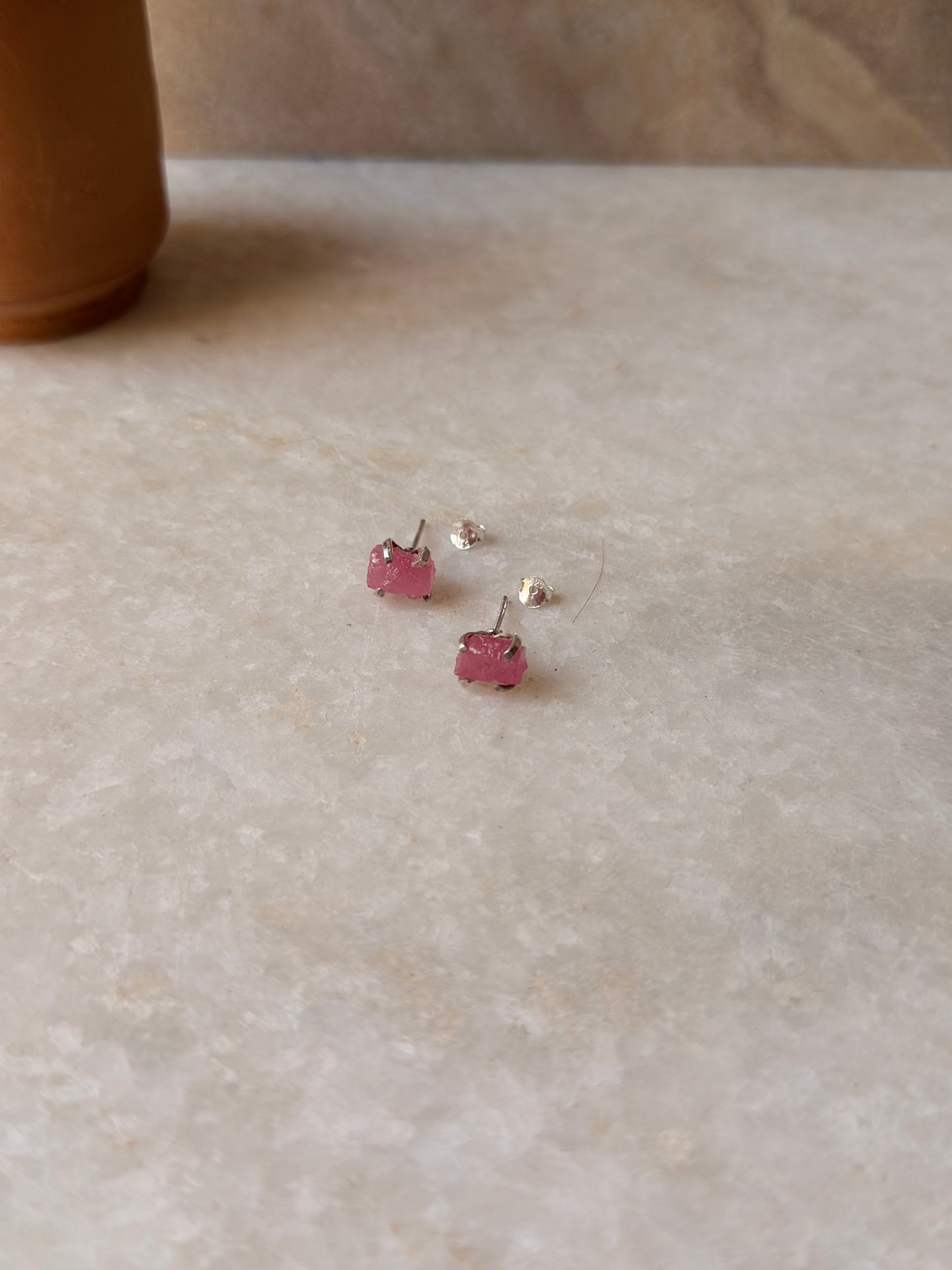 925 Sterling Silver Dyed Ruby Raw Uncut Prong Setting Studs Earrings
