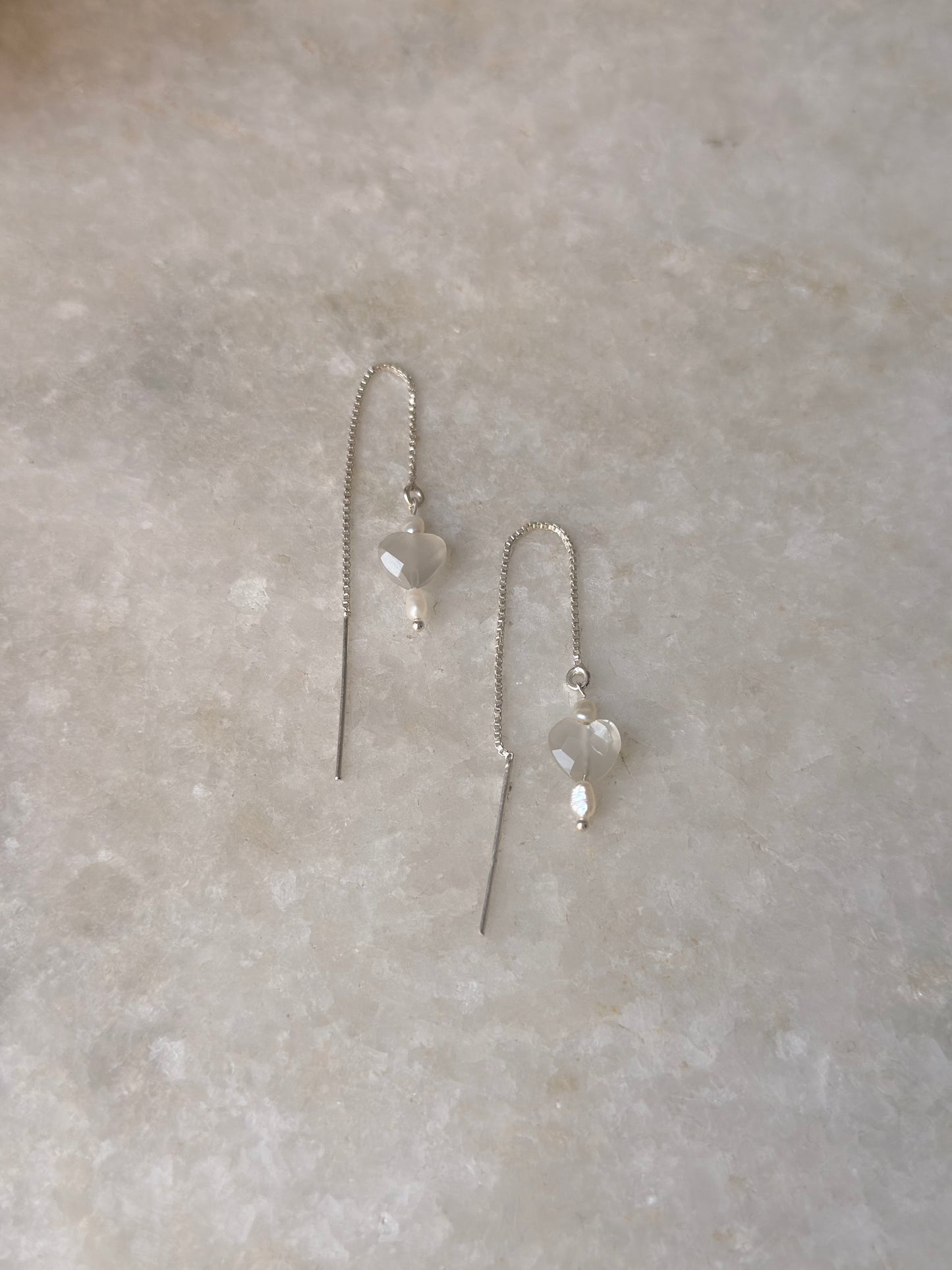 925 Sterling Silver Grey Moonstone Heart with Pearl Threader Earrings