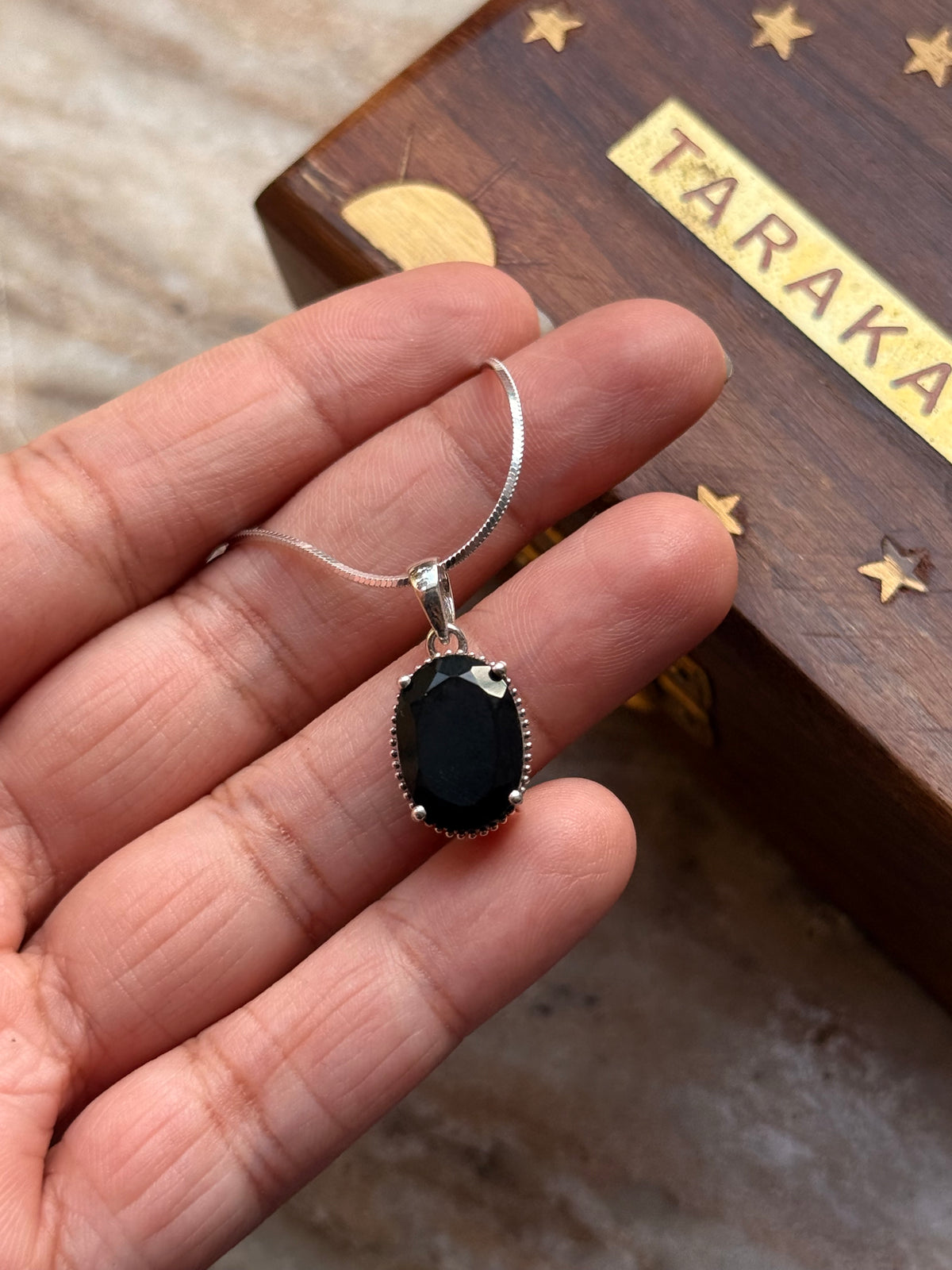 925 Sterling Silver Black Onyx Oval Faceted Vintage Style Filigree Work Pendant